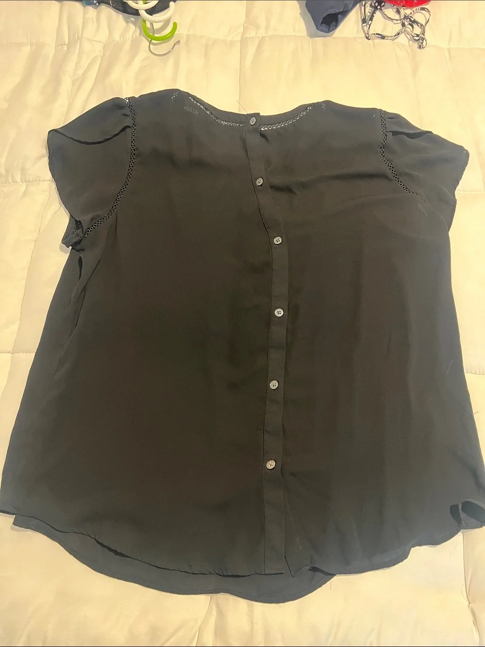 LOFT Black Puff Sleeve Button Back Blouse Eyelet Trim XL